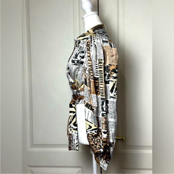 Newspaper Magazine Print Cropped Silky Wrap Blouse - Picture 4 of 7